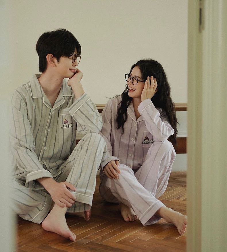 Couples Flannel Pajama Set – Striped Cotton Sleepwear with Embroidery