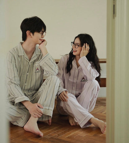 Couples Flannel Pajama Set – Striped Cotton Sleepwear with Embroidery