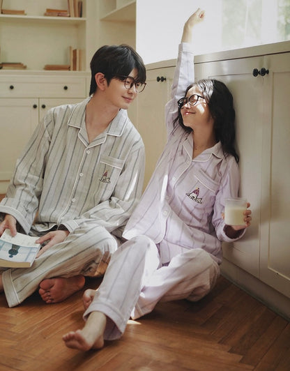 Couples Flannel Pajama Set – Striped Cotton Sleepwear with Embroidery