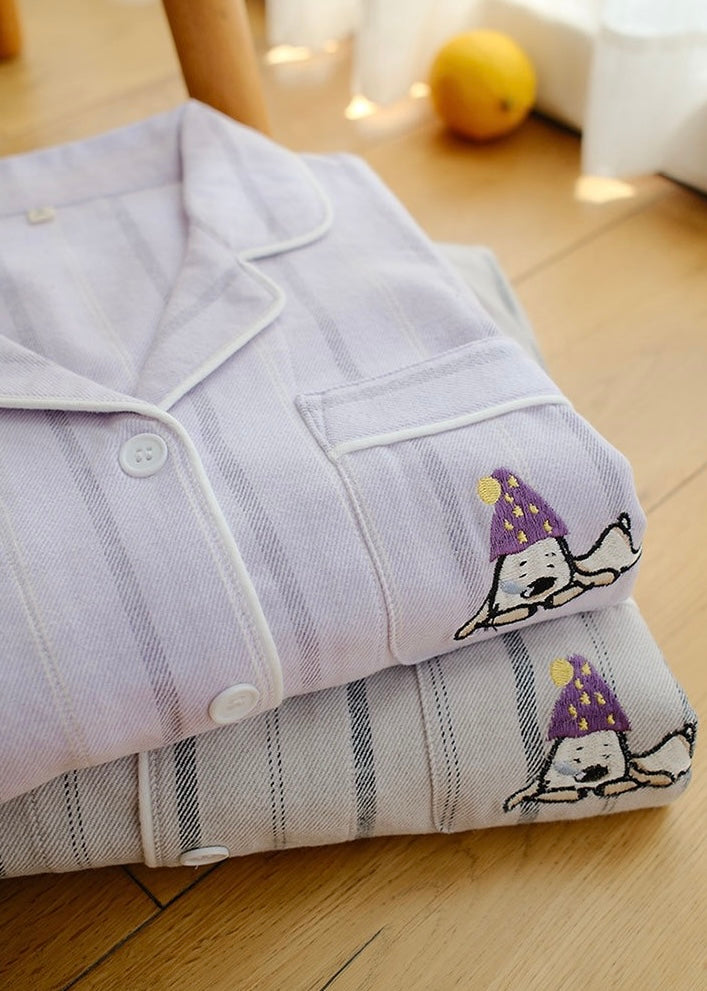 Couples Flannel Pajama Set – Striped Cotton Sleepwear with Embroidery