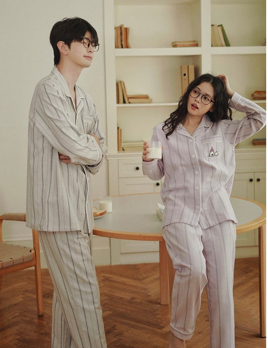 Couples Flannel Pajama Set – Striped Cotton Sleepwear with Embroidery