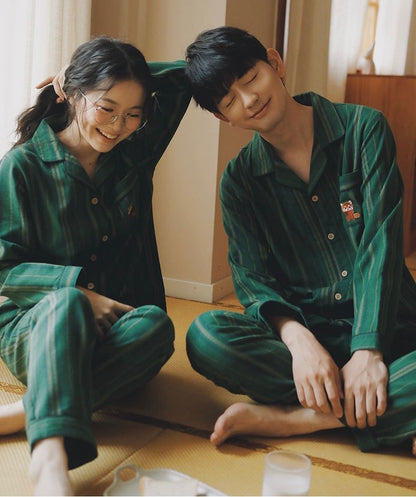 Green striped pajama set, Raccoon embroidery PJS, 100% cotton Matching PJS, Couple Pajamas, Valentine's Day Gift