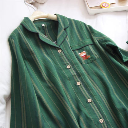 Green striped pajama set, Raccoon embroidery PJS, 100% cotton Matching PJS, Couple Pajamas, Valentine's Day Gift