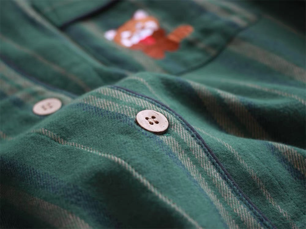 Green striped pajama set, Raccoon embroidery PJS, 100% cotton Matching PJS, Couple Pajamas, Valentine's Day Gift