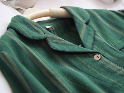 Green striped pajama set, Raccoon embroidery PJS, 100% cotton Matching PJS, Couple Pajamas, Valentine's Day Gift
