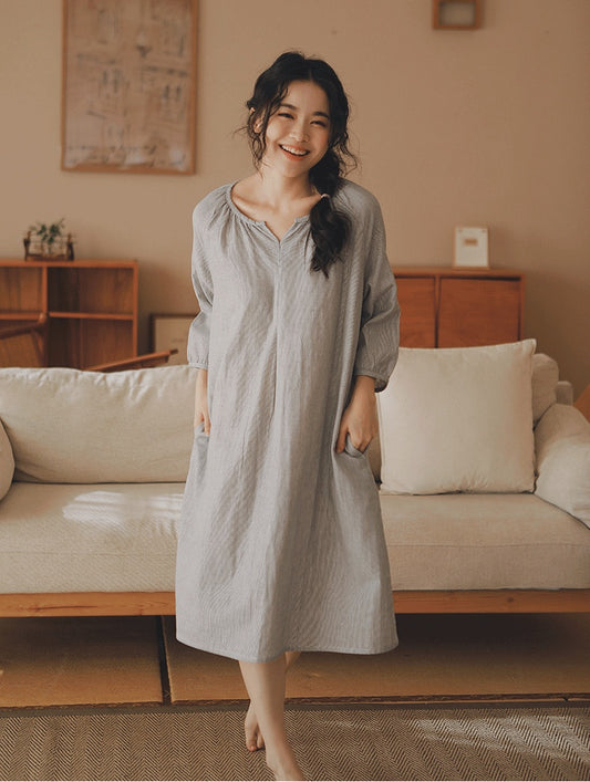 Grey Striped cotton nightgown, Cottagecore gown, 100% cotton dress, Cozy Comfort