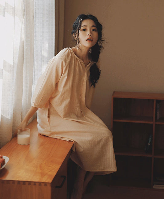 Yellow Striped cotton nightgown, Cottagecore Nightshirts, 100% cotton dress, Minimalist style lounge