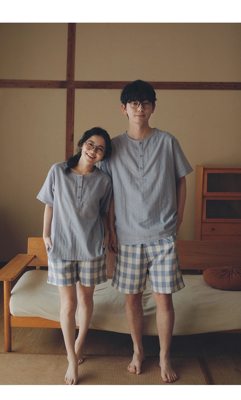 Matching Cotton Gauze Couple Pajama Set | Sky Blue Breathable Summer Sleepwear