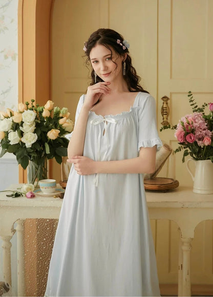 Vintage blue night gown, Elegant Lace Deco dress, Cozy cotton Nightie, Vintage nightie