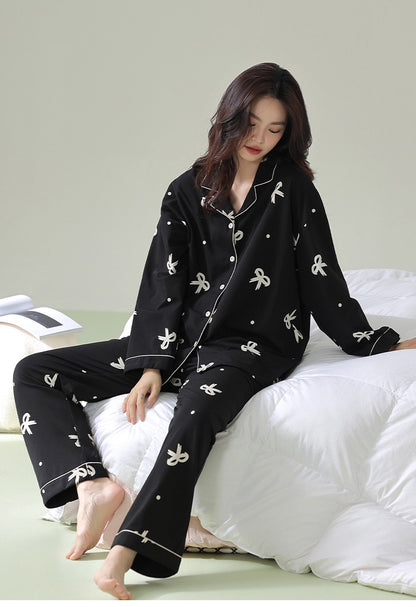 Charming Bow Tie Pajamas with Pockets - Classic Loungewear, 100% Cotton Sleepwear, Cozy Black Homewear