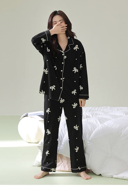 Charming Bow Tie Pajamas with Pockets - Classic Loungewear, 100% Cotton Sleepwear, Cozy Black Homewear