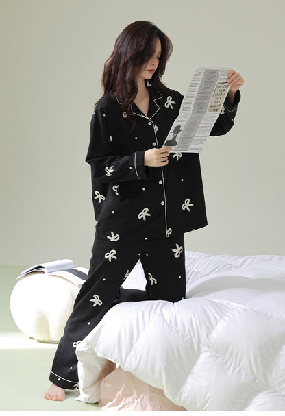 Charming Bow Tie Pajamas with Pockets - Classic Loungewear, 100% Cotton Sleepwear, Cozy Black Homewear