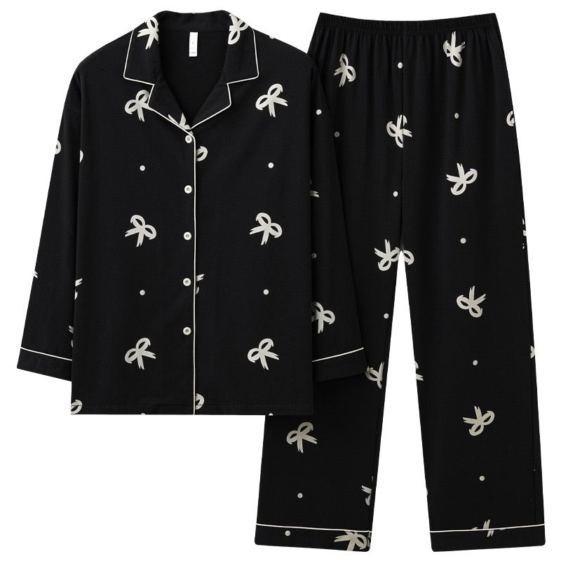 Charming Bow Tie Pajamas with Pockets - Classic Loungewear, 100% Cotton Sleepwear, Cozy Black Homewear