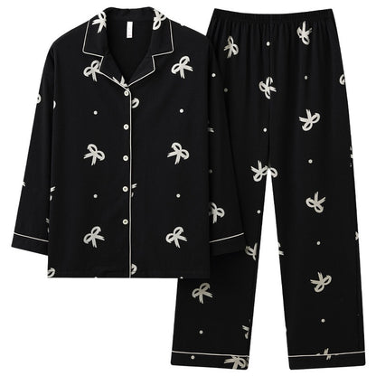 Charming Bow Tie Pajamas with Pockets - Classic Loungewear, 100% Cotton Sleepwear, Cozy Black Homewear