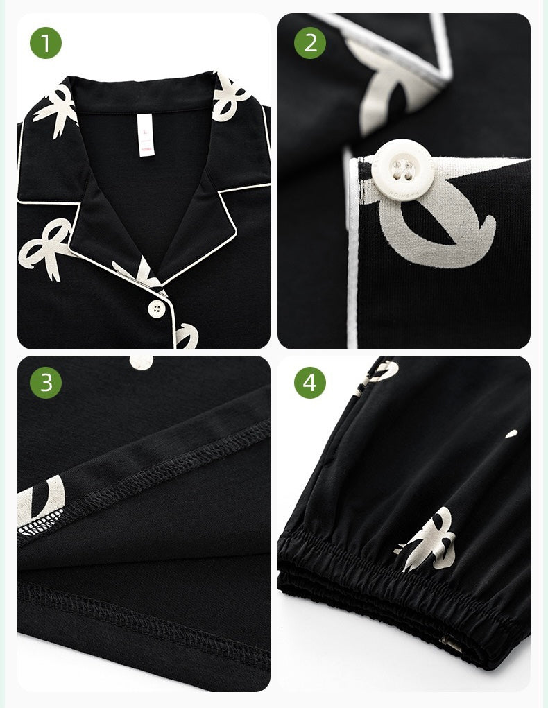Charming Bow Tie Pajamas with Pockets - Classic Loungewear, 100% Cotton Sleepwear, Cozy Black Homewear
