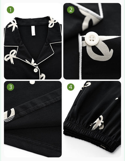 Charming Bow Tie Pajamas with Pockets - Classic Loungewear, 100% Cotton Sleepwear, Cozy Black Homewear