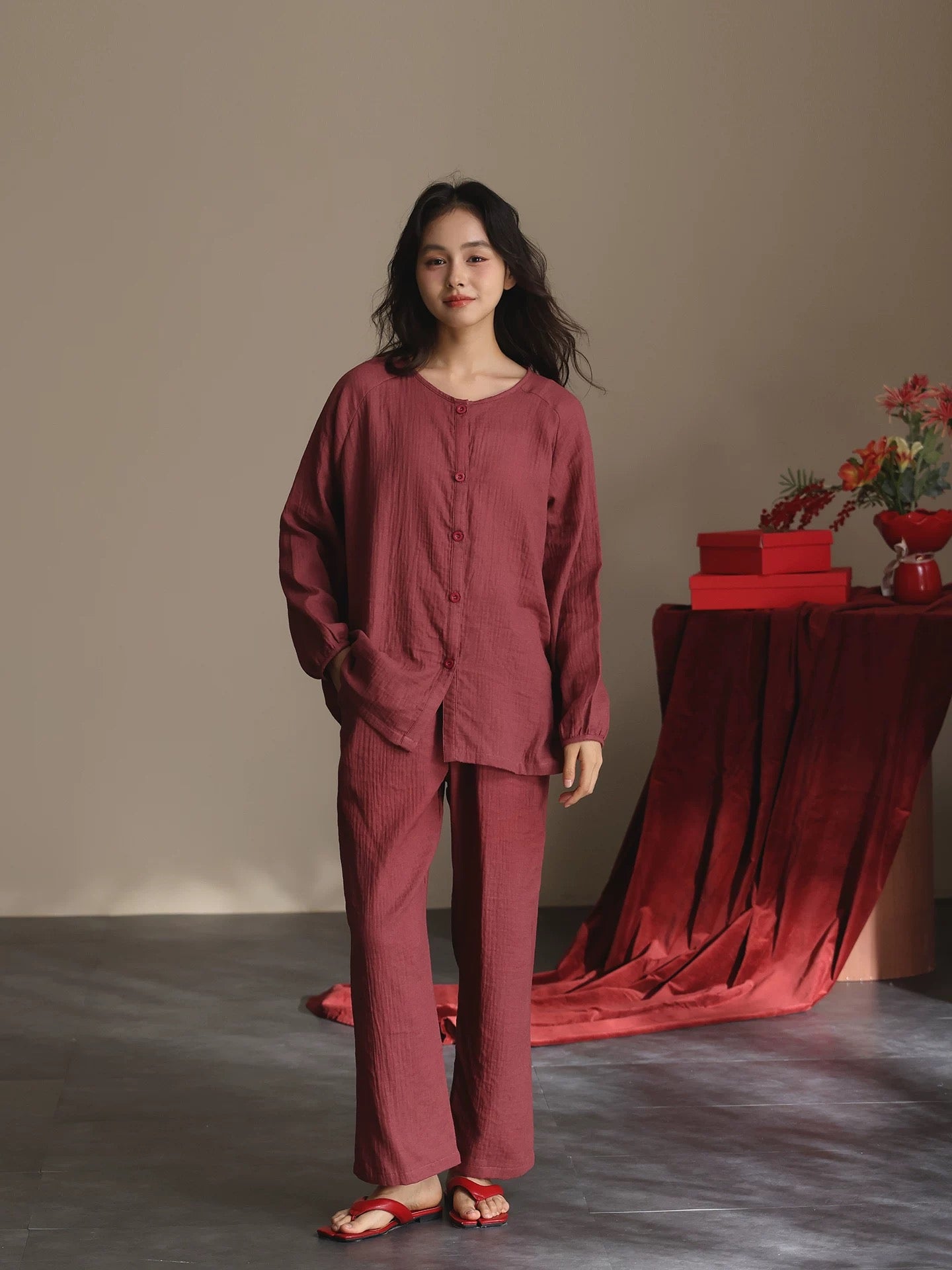 Muted Burgundy Double Gauze Cotton Lounge Set