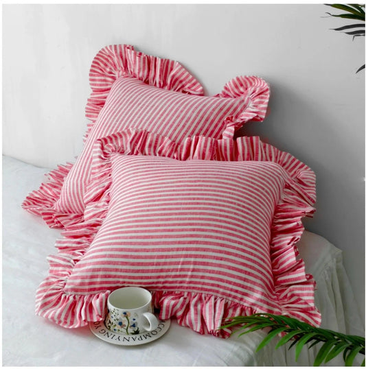 Red Striped Linen Throw Pillow Cover with Ruffle Edge product image