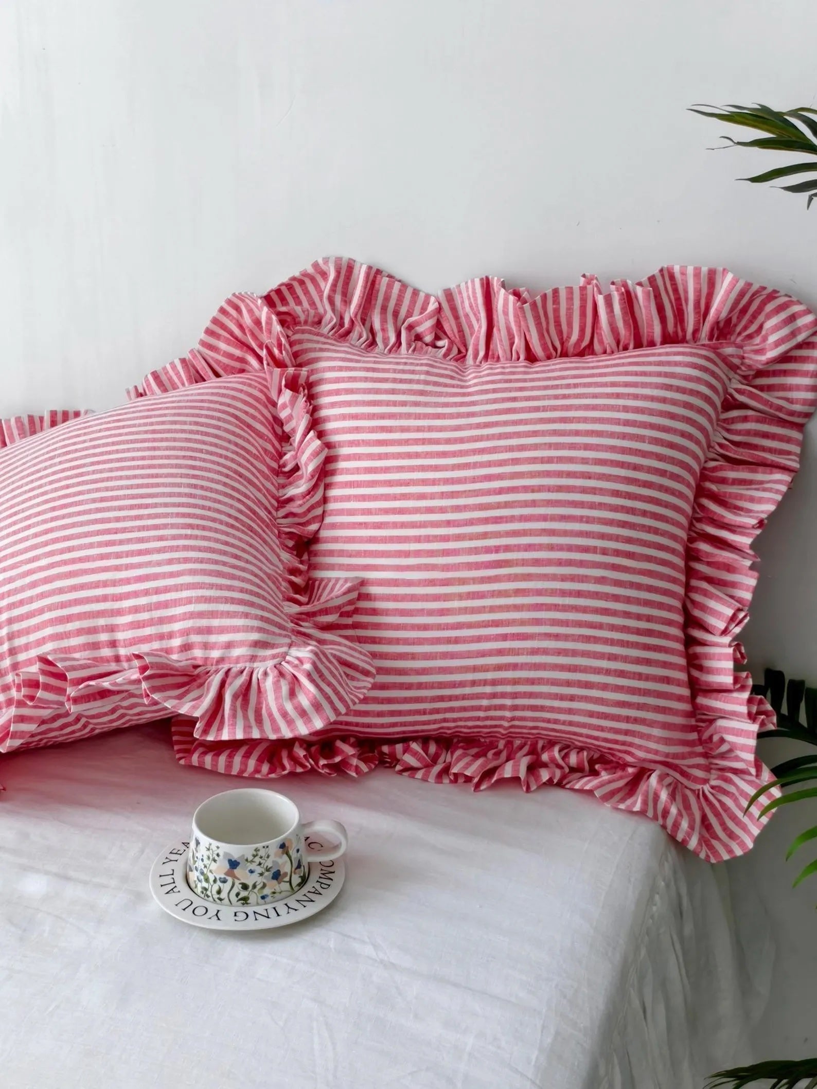 Red Striped Linen Throw Pillow Cover with Ruffle Edge product image