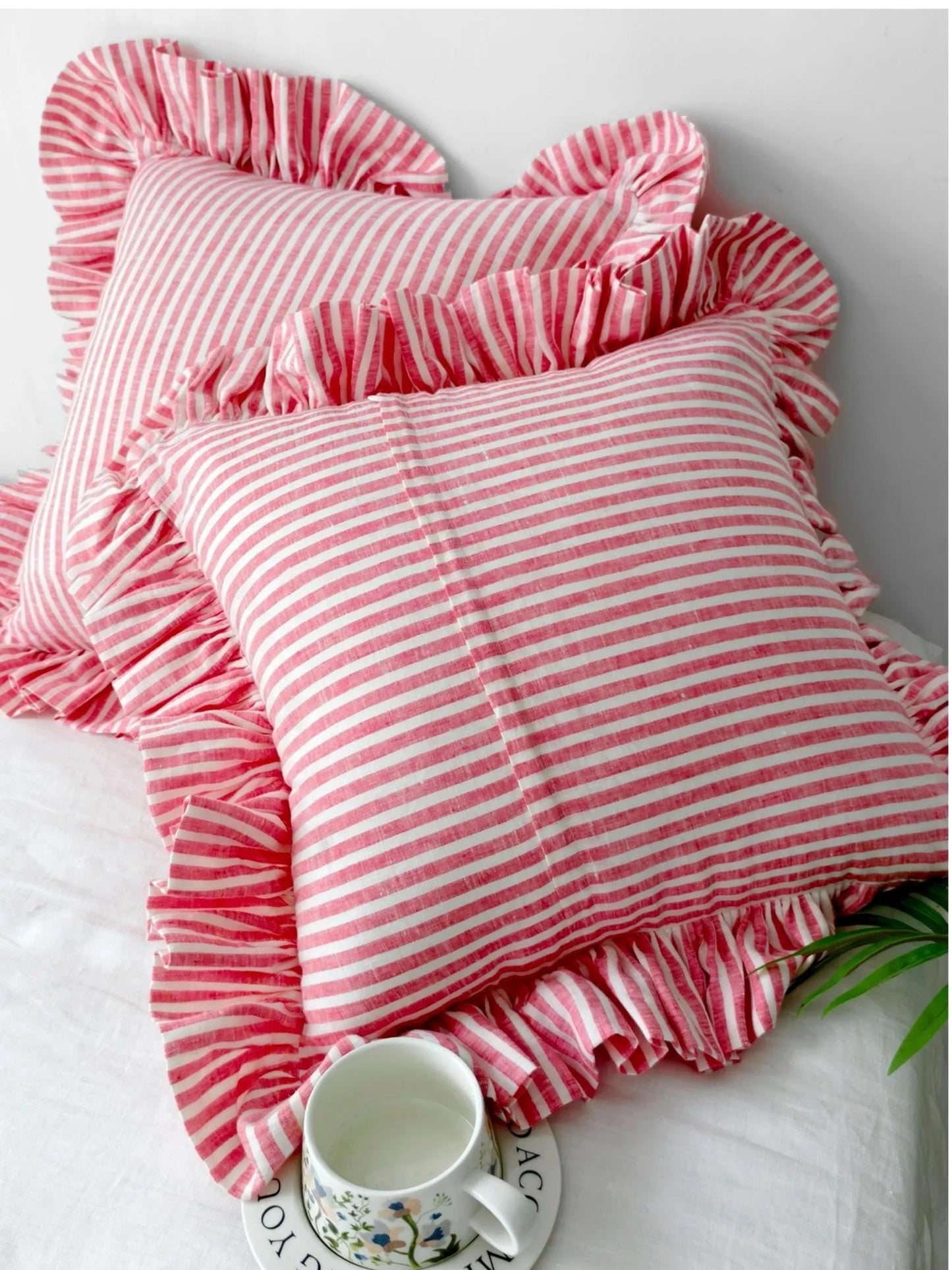Red Striped Linen Throw Pillow Cover with Ruffle Edge product image