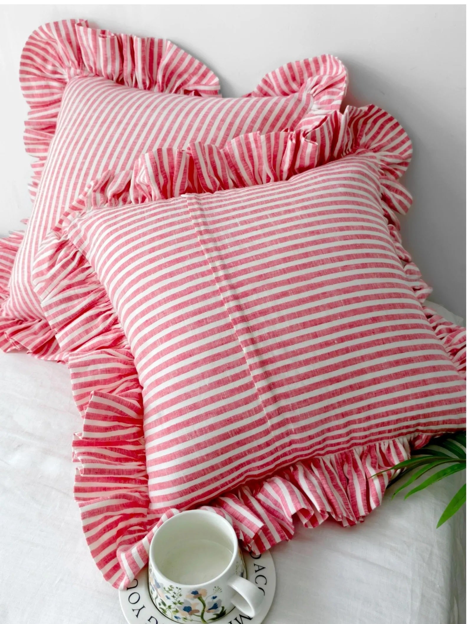 Red Striped Linen Throw Pillow Cover with Ruffle Edge product image