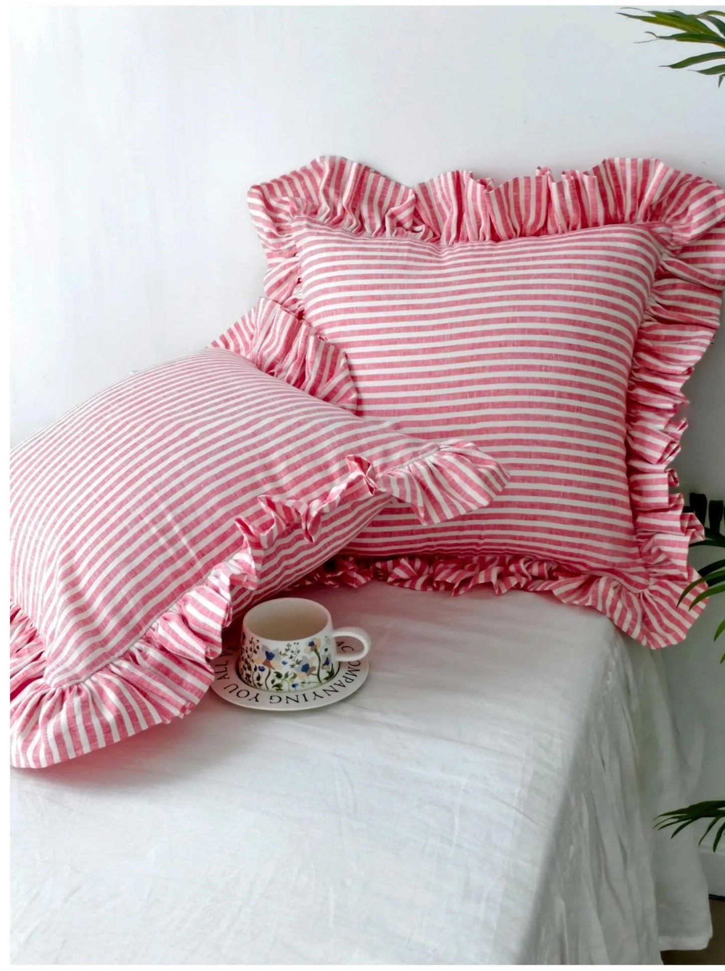 Red Striped Linen Throw Pillow Cover with Ruffle Edge product image