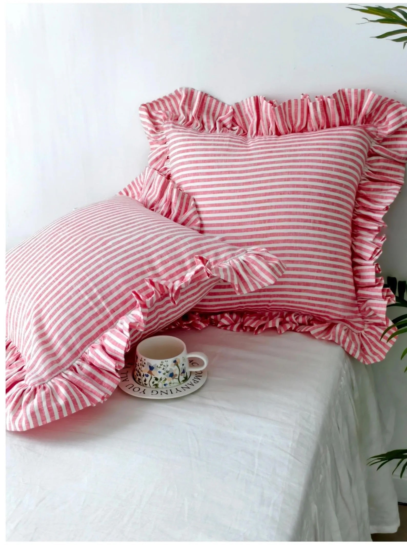 Red Striped Linen Throw Pillow Cover with Ruffle Edge product image