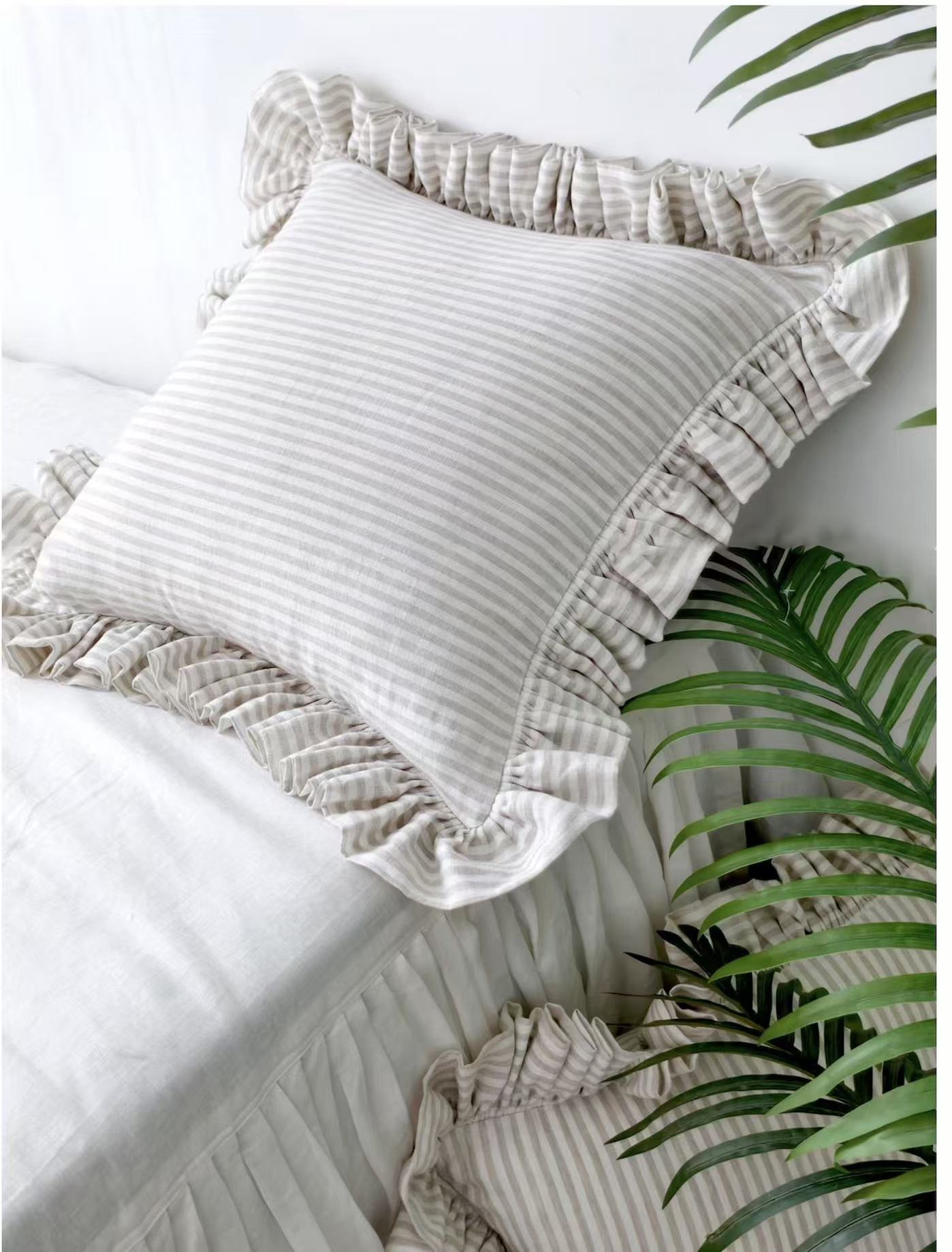 Natural Beige Striped Linen Throw Pillow Cover with Ruffle Edge product image