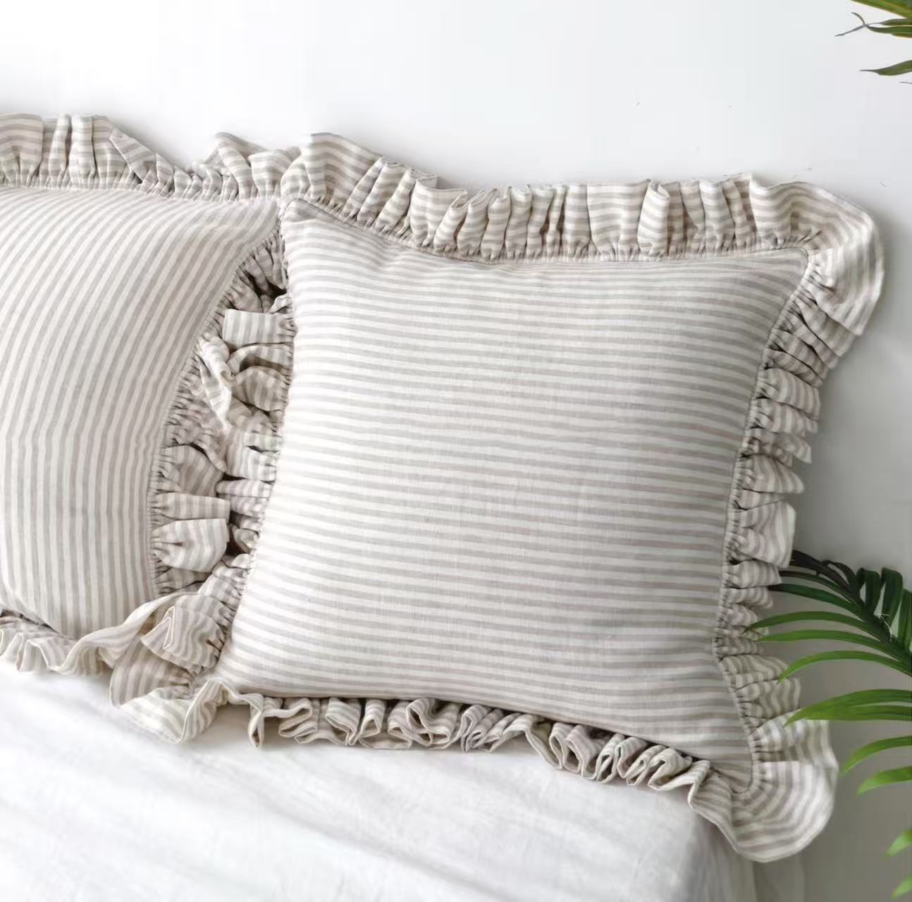 Natural Beige Striped Linen Throw Pillow Cover with Ruffle Edge product image