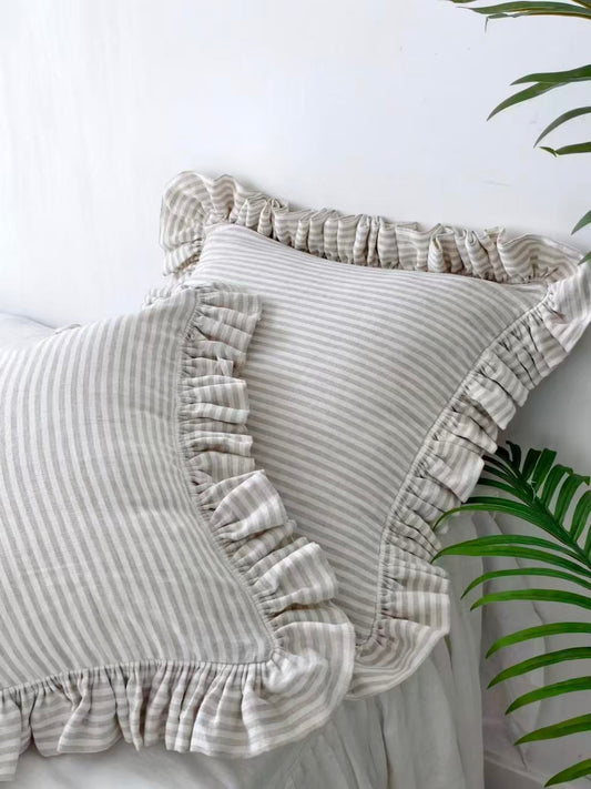 Natural beige striped linen pillow cover with ruffle edge product photo