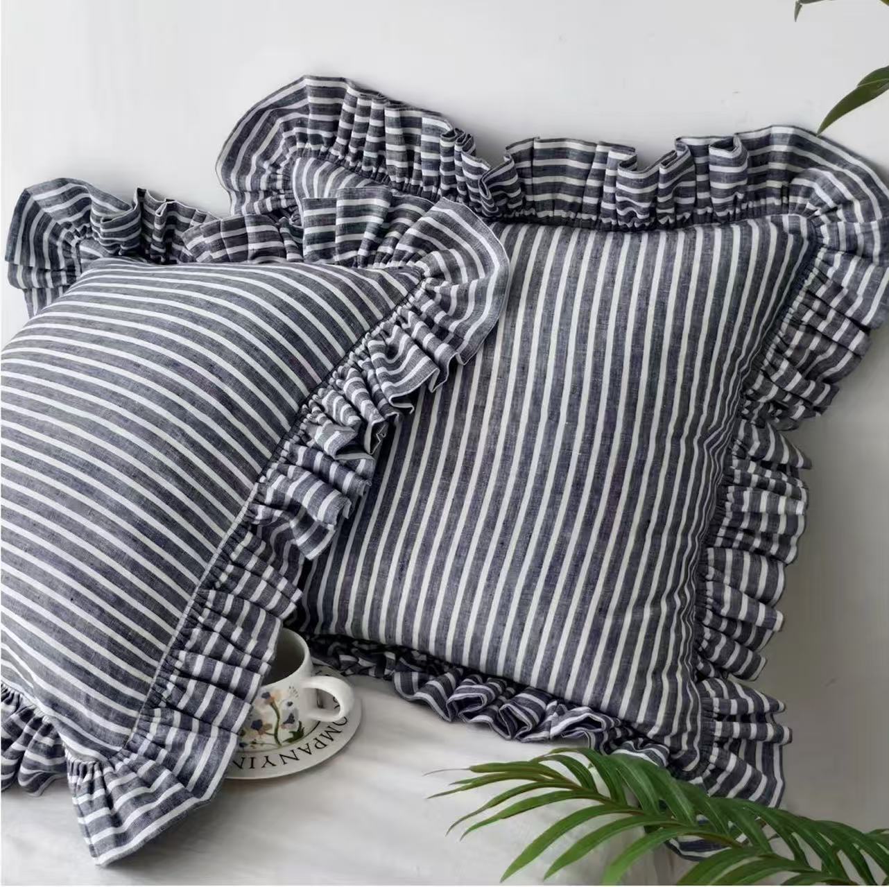Navy Blue Striped Linen Throw Pillow Cover with Ruffle Edge product image