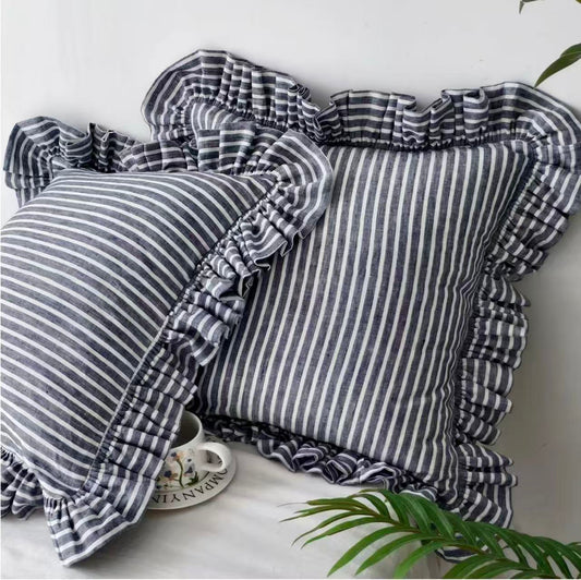 Navy Blue Striped Linen Throw Pillow Cover with Ruffle Edge product image