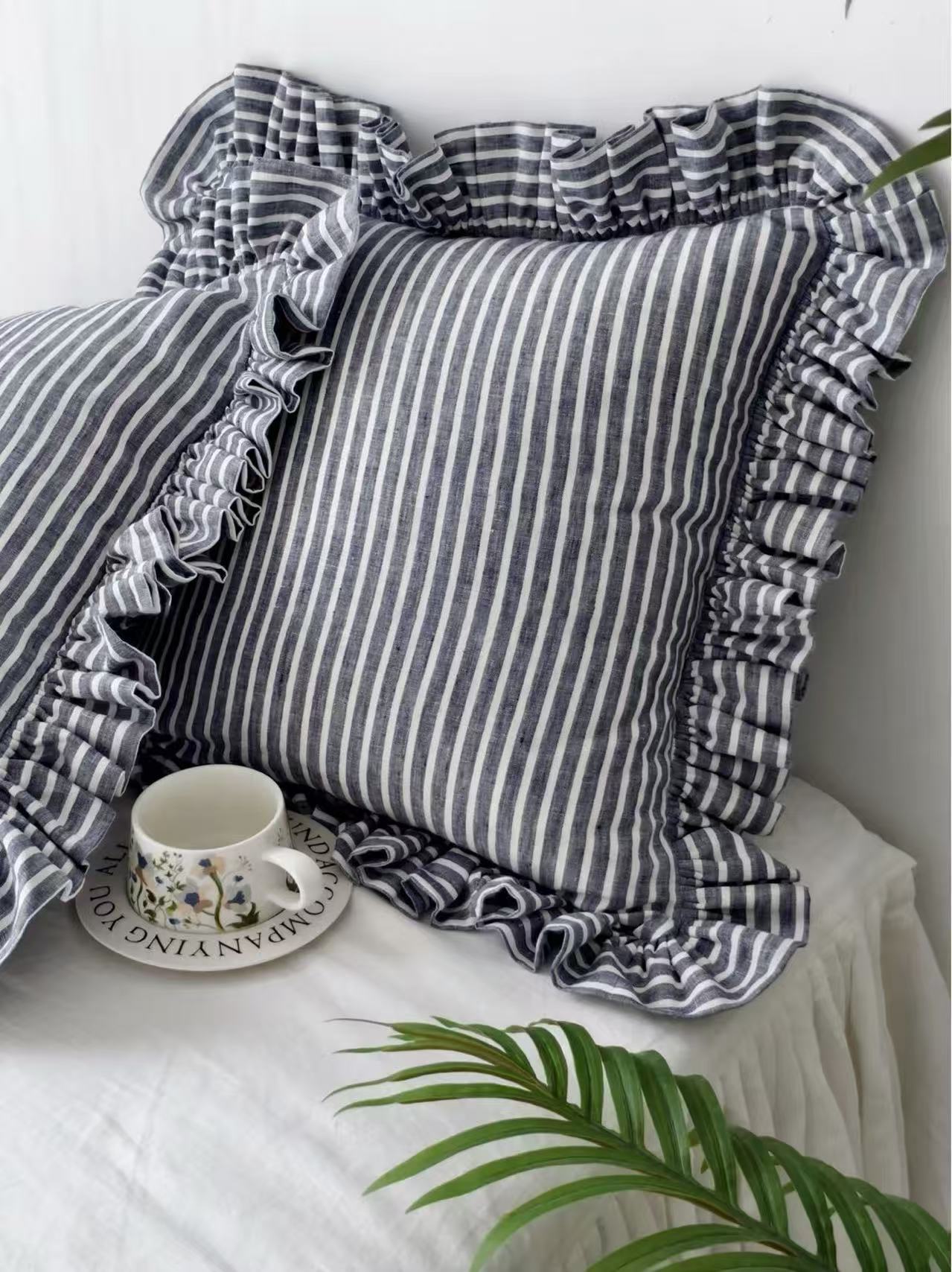 Navy Blue Striped Linen Throw Pillow Cover with Ruffle Edge product image