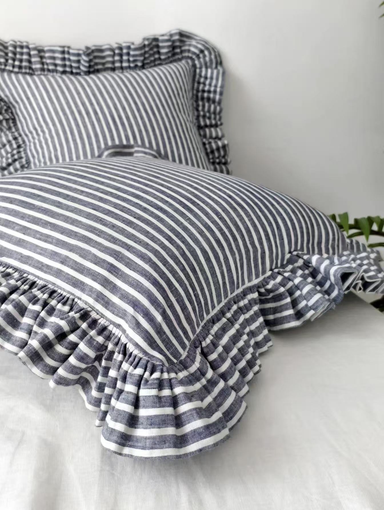 Navy Blue Striped Linen Throw Pillow Cover with Ruffle Edge product image