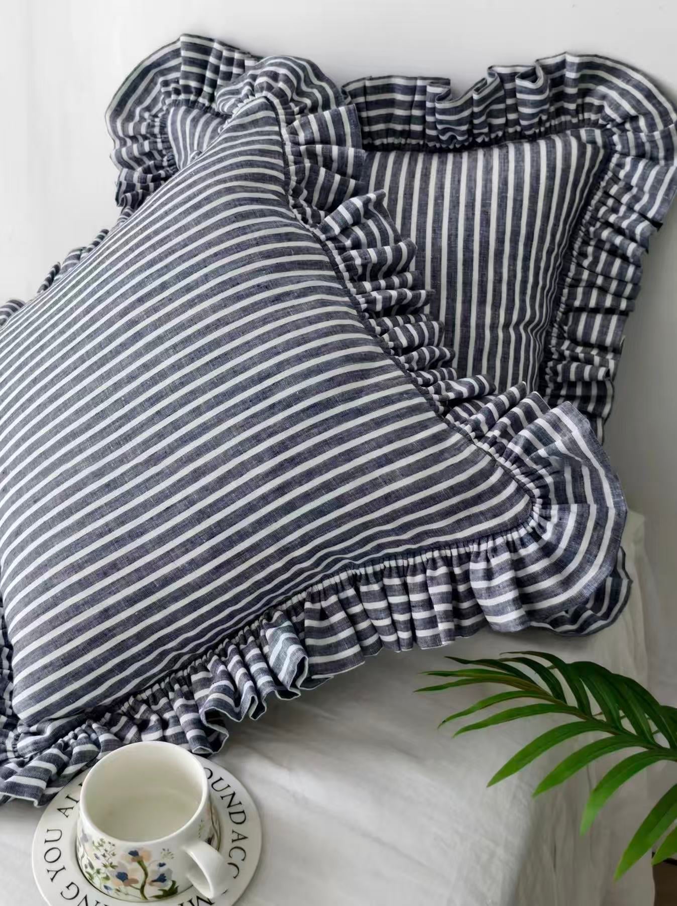 Navy Blue Striped Linen Throw Pillow Cover with Ruffle Edge product image