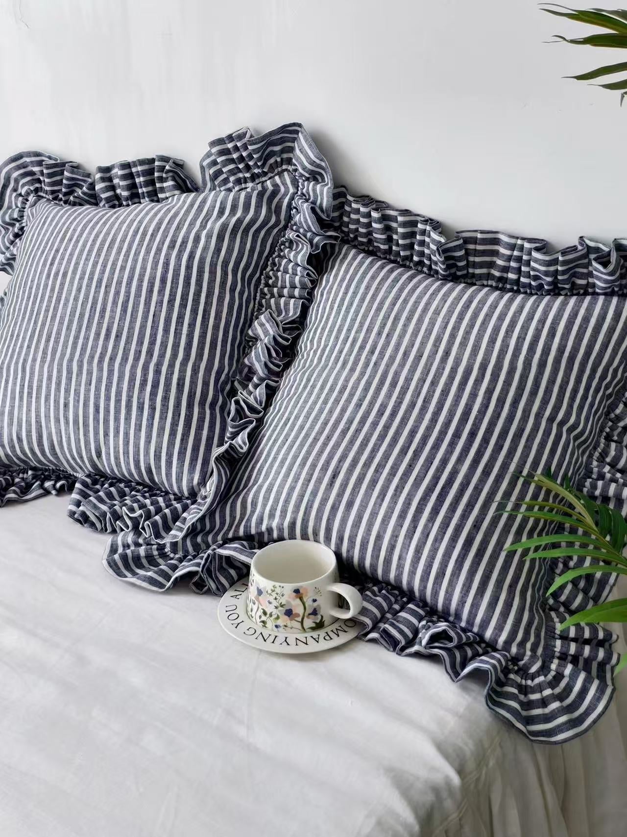 Navy Blue Striped Linen Throw Pillow Cover with Ruffle Edge product image