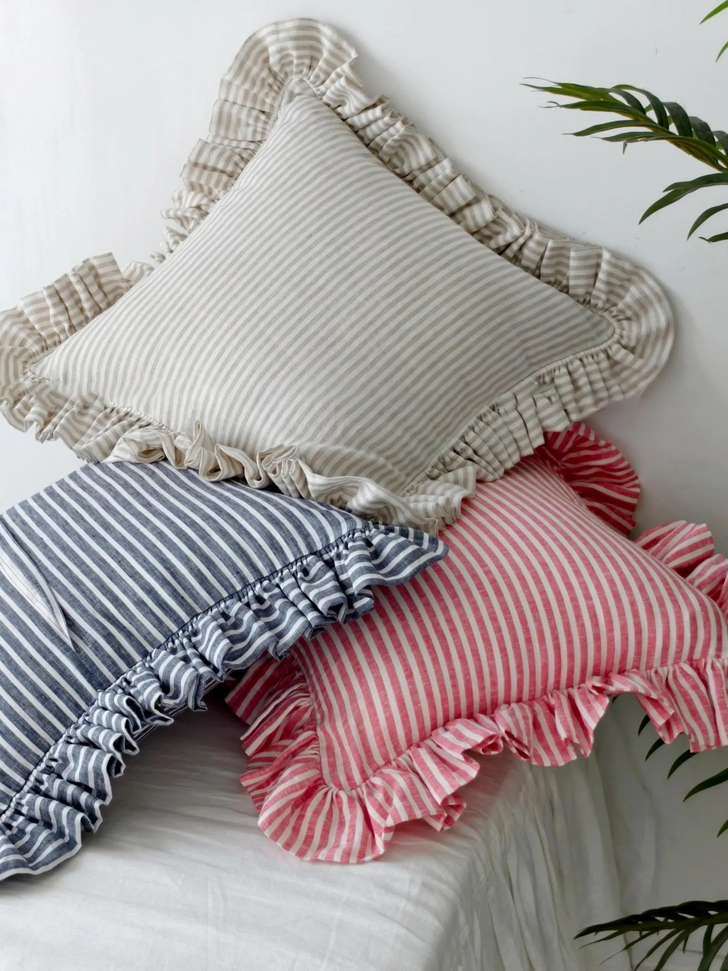 Striped Linen Throw Pillow Cover with Ruffle Edge, Custom Colors product image