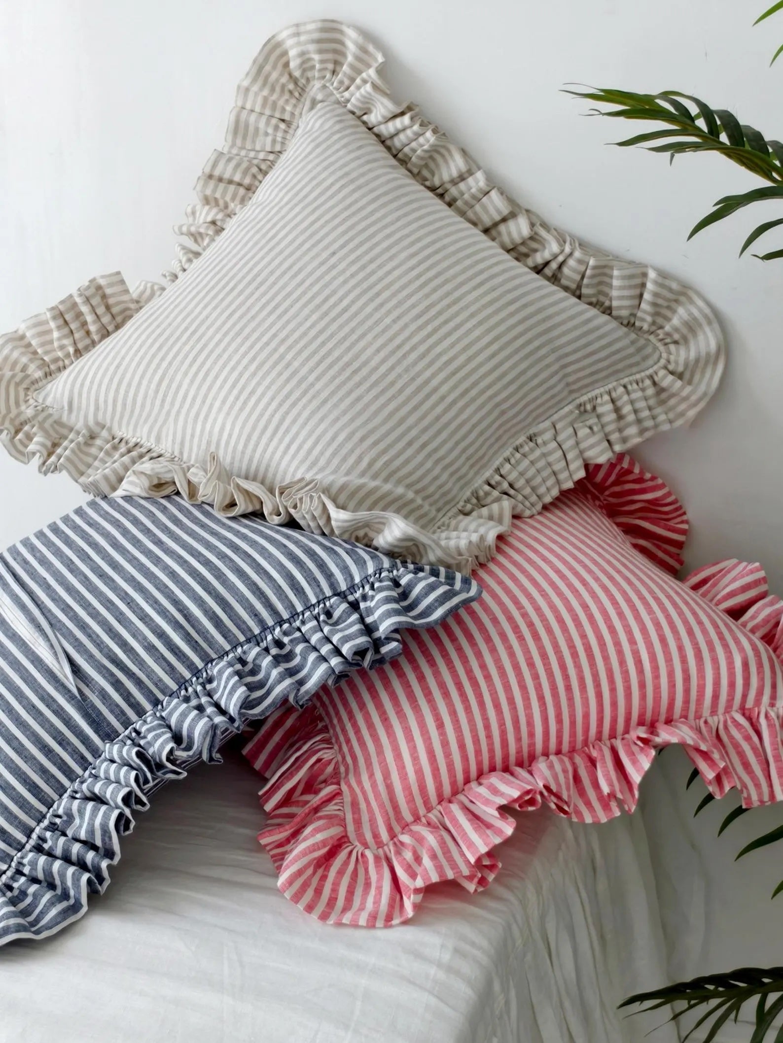 Striped Linen Throw Pillow Cover with Ruffle Edge, Custom Colors product image