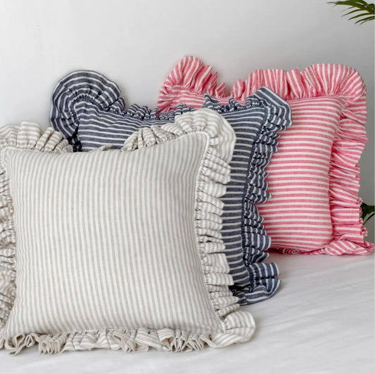 Striped Linen Throw Pillow Cover with Ruffle Edge, Custom Colors product image