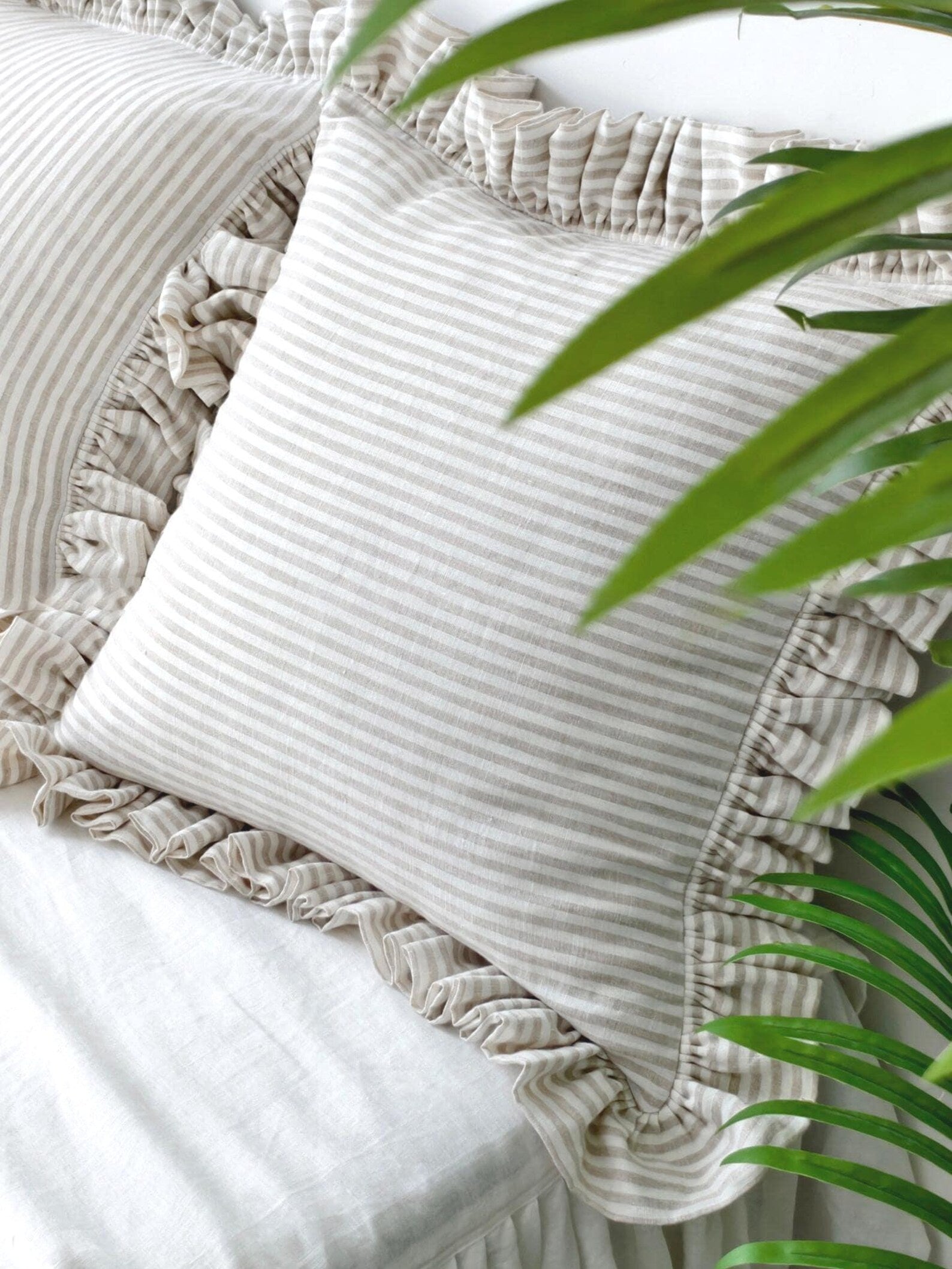 Striped Linen Throw Pillow Cover with Ruffle Edge, Custom Colors product image