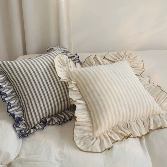 Striped Linen Throw Pillow Cover with Ruffle Edge, Custom Colors product image