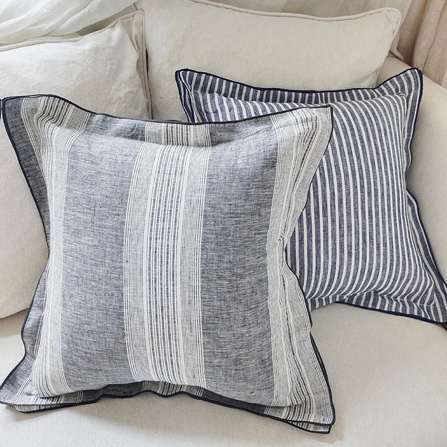 Striped Linen Cushion Cover with Piped Edge, Pattern Options