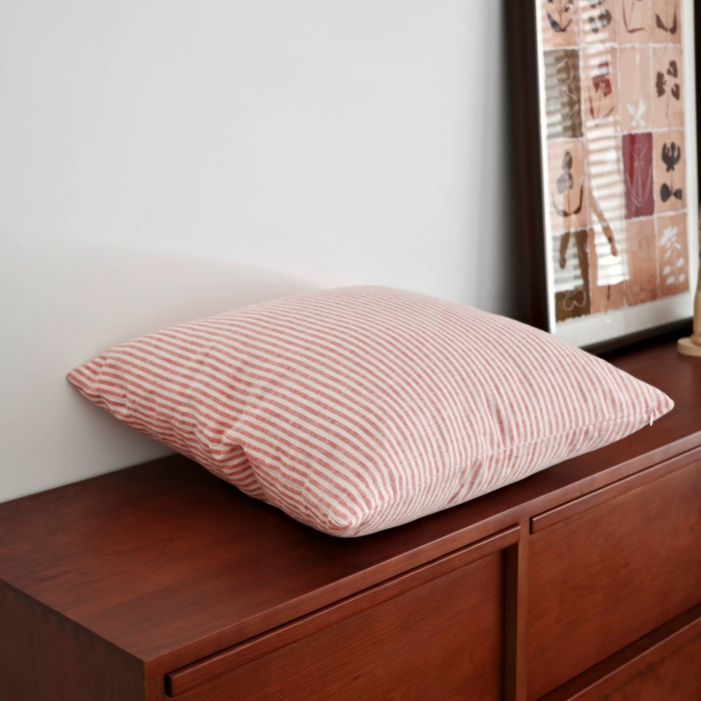 Red Striped Linen Cushion Cover, Soft Washed Linen Pillow Cover product image