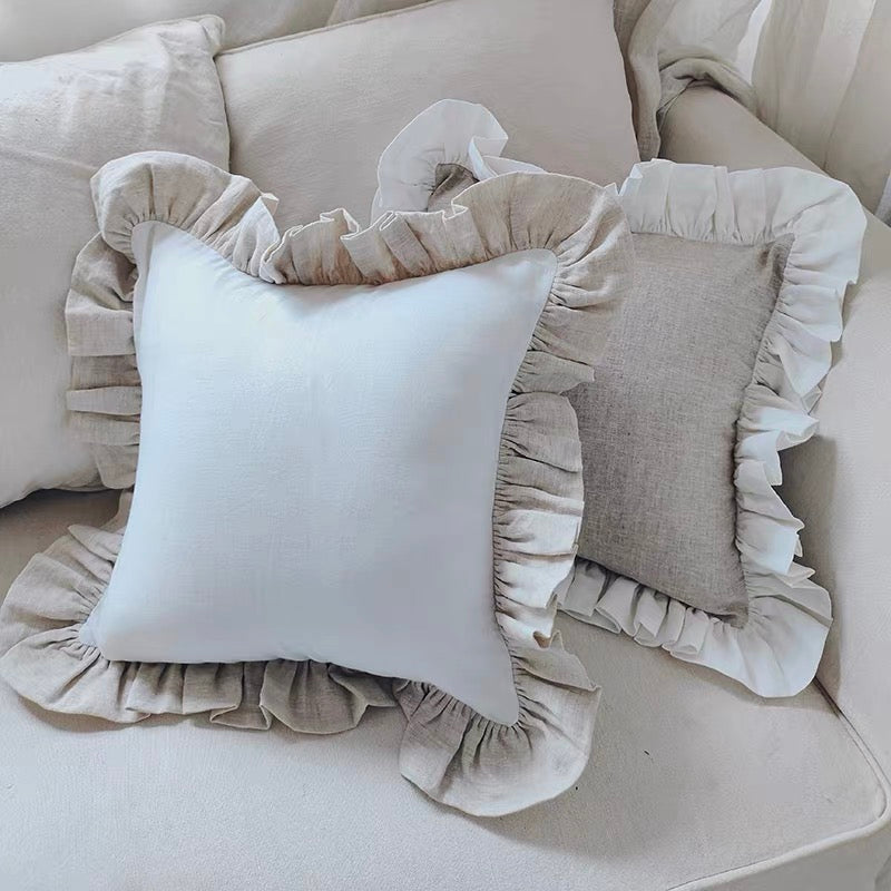 Ruffle Linen Cushion Cover, White and Natural Linen Pillow Cover product image