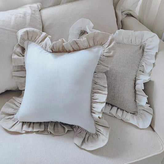 Ruffle Linen Cushion Cover, White and Natural Linen Pillow Cover product image