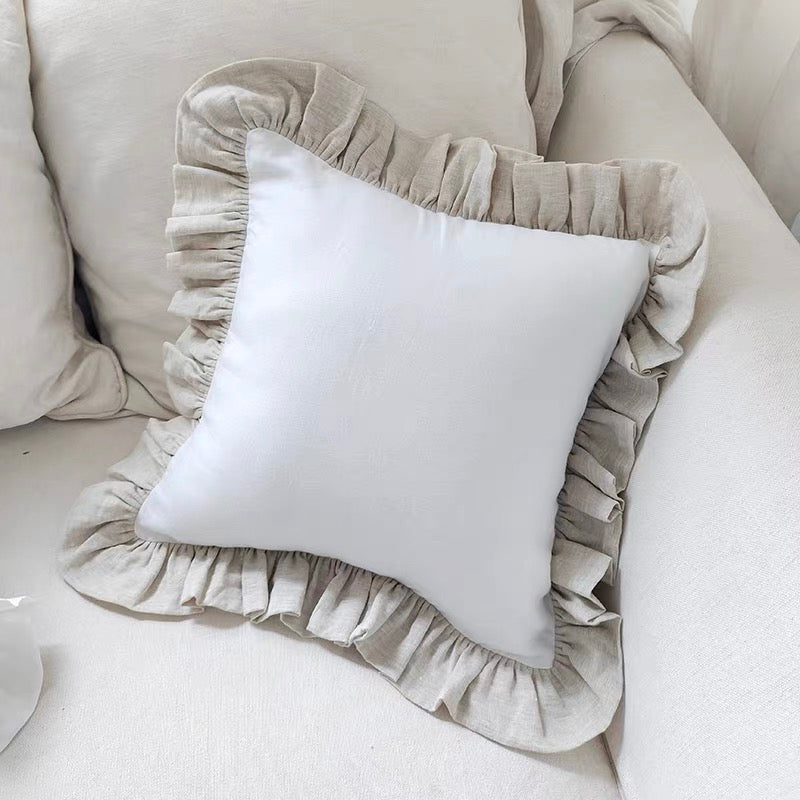 Ruffle Linen Cushion Cover, White and Natural Linen Pillow Cover product image