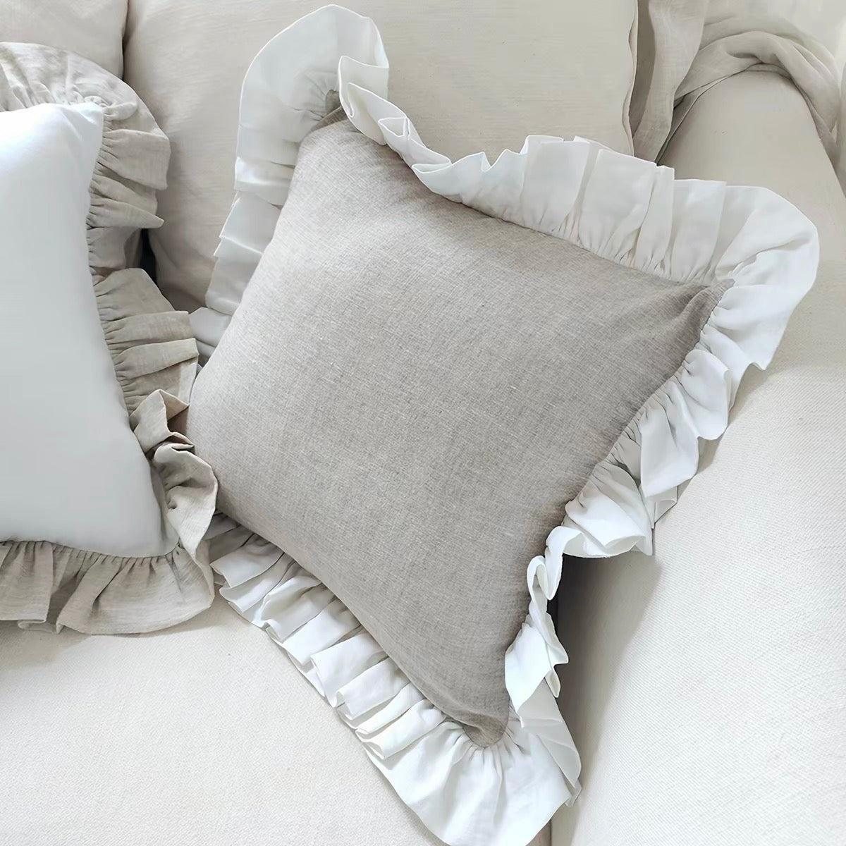 Ruffle Linen Cushion Cover, White and Natural Linen Pillow Cover product image