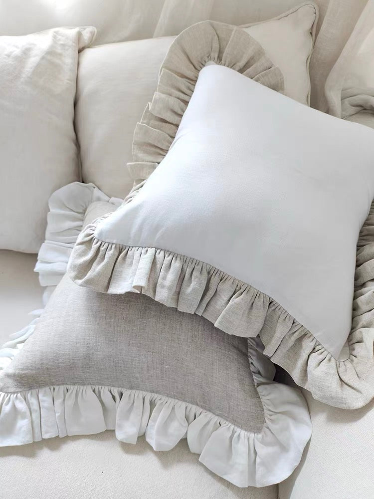 Ruffle Linen Cushion Cover, White and Natural Linen Pillow Cover product image