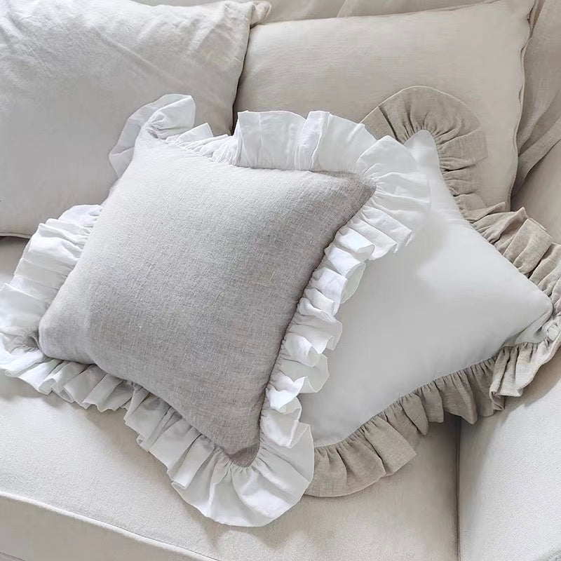 Ruffle Linen Cushion Cover, White and Natural Linen Pillow Cover product image