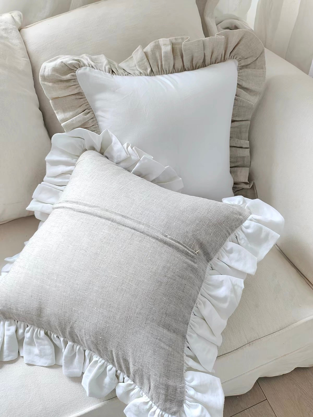 Ruffle Linen Cushion Cover, White and Natural Linen Pillow Cover product image